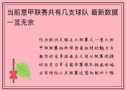 当前意甲联赛共有几支球队 最新数据一览无余