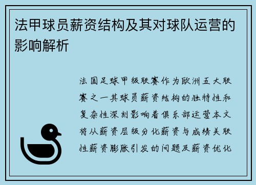 法甲球员薪资结构及其对球队运营的影响解析